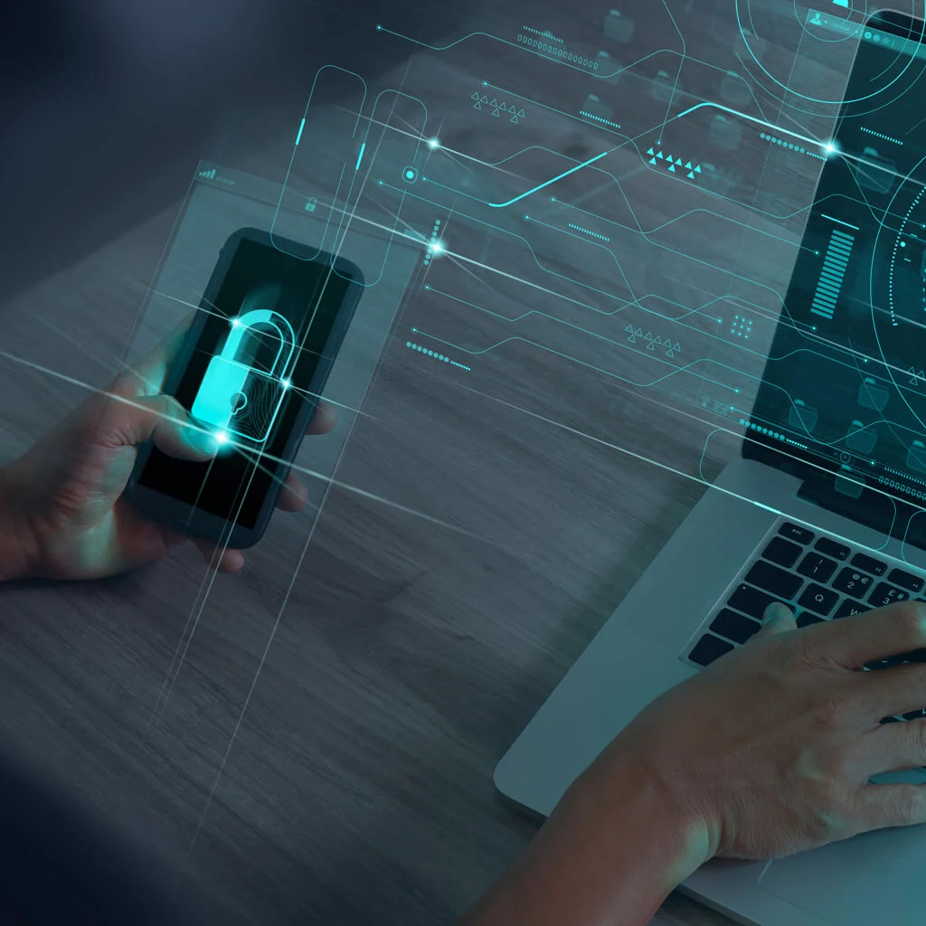 Mobile application security and data encryption concept showing secure synchronization between a phone and computer.