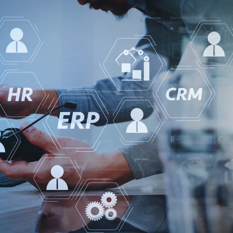 Integrated Enterprise Resource Planning (ERP) system concept showing HR and CRM modules within a digital business management interface.