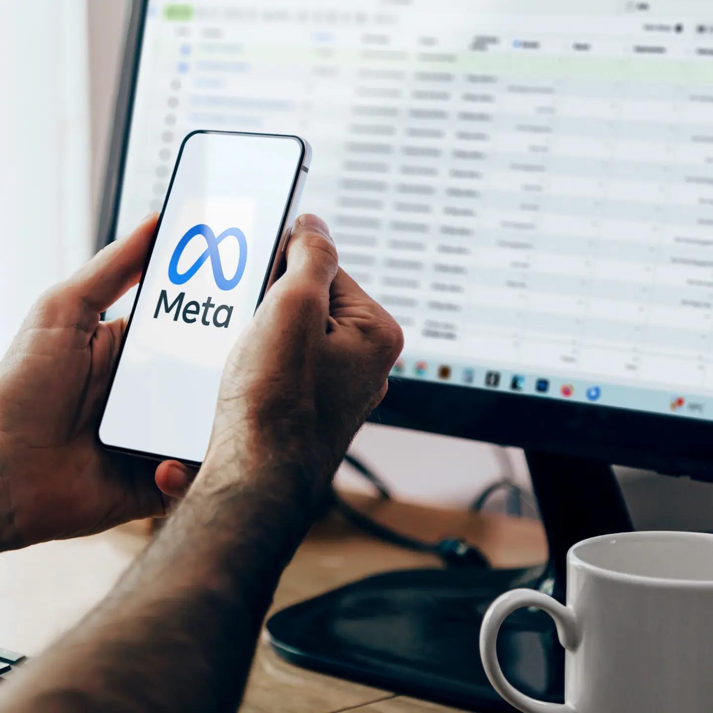 Digital marketer managing Meta Ads and social media analytics using a smartphone and desktop dashboard.