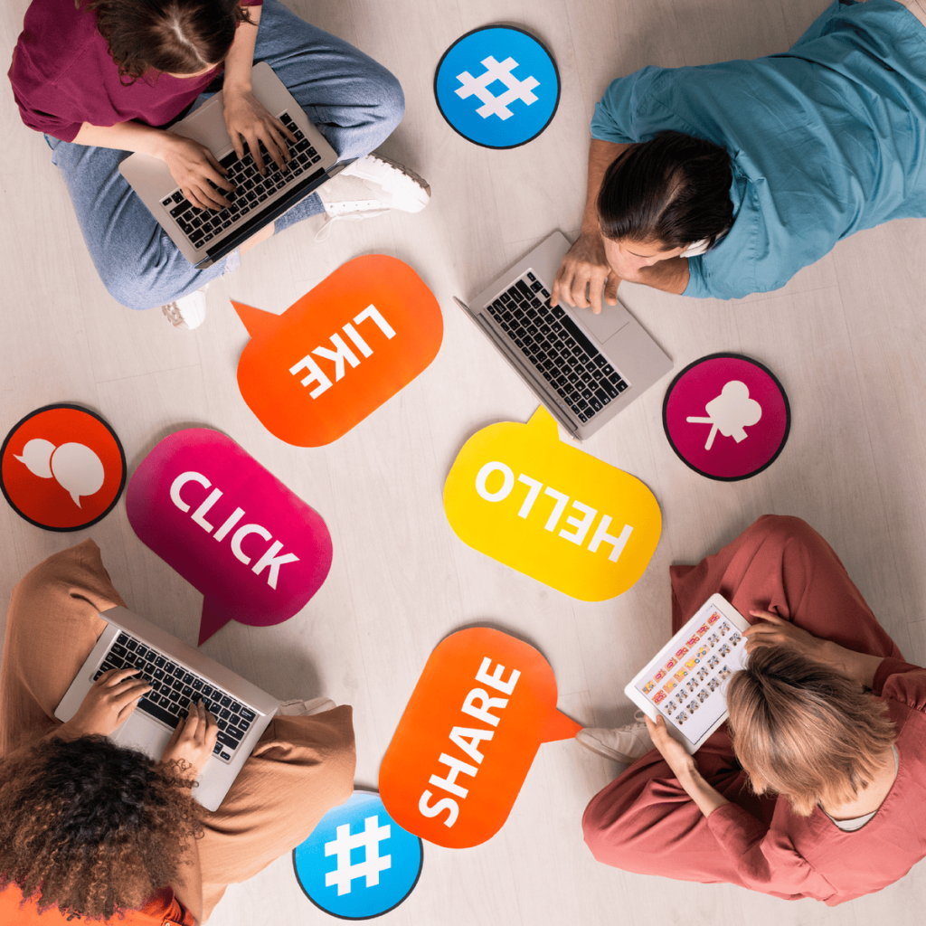 Social media marketing team collaborating on a campaign with digital engagement icons and call-to-action speech bubbles.