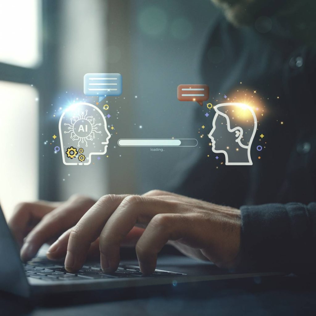 Concept of AI voice recognition and natural language processing (NLP) showing human-to-machine communication.